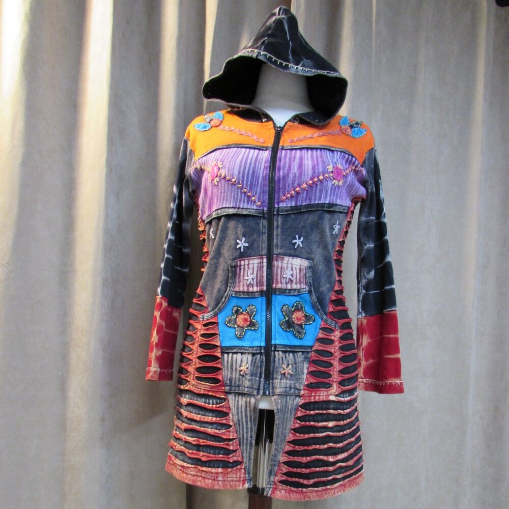 India Boutique Nepal 100% Cotton Zip Hoodie Tunic Patchwork Embroidered M